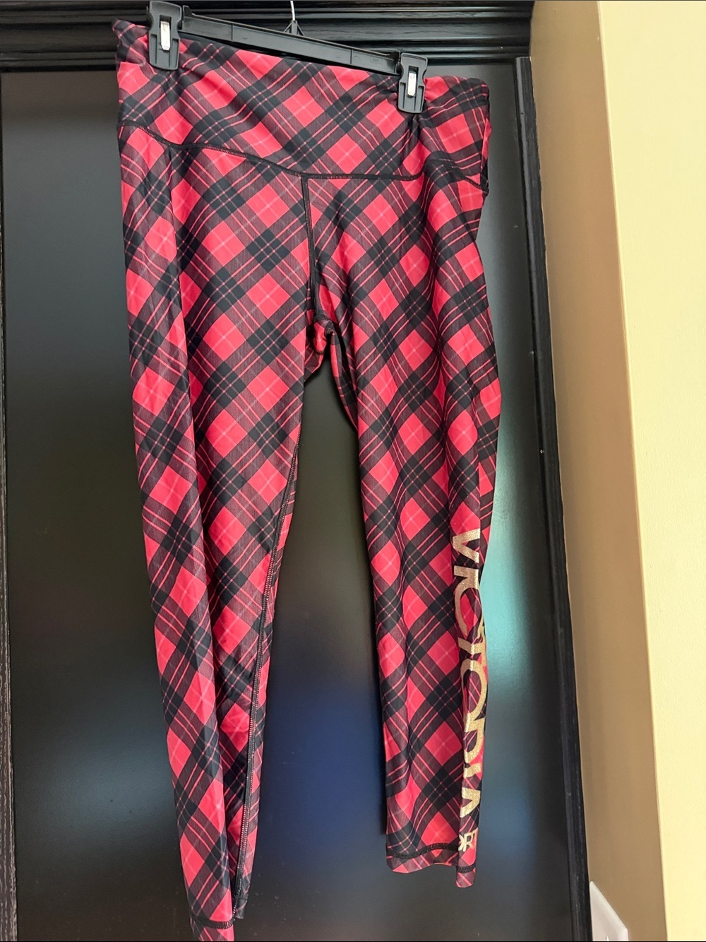 Red Plaid Victoria Sport Leggings with Side Logo